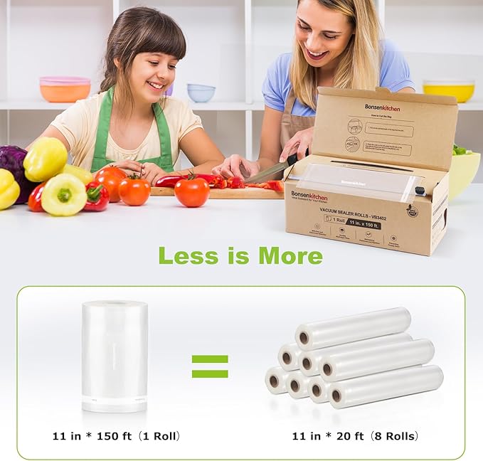 [2025 New] Bonsenkitchen 11” x 150’ Vacuum Sealer Bags Rolls with Cutter for Food Storage, Commercial Grade, BPA Free, Great for Meal Prep and Sous Vide Cooking | EASY TO CUT & SEAL, Commercial-grade