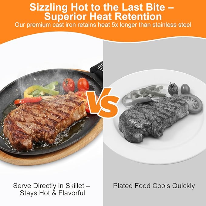 2 Sets Cast Iron Fajita Skillet Set Sizzling Plate with Wooden Base & Anti Scald Protection Hot Handle Cover, Cast Iron Skillets Set for Home Barbecue Kitchen Party Restaurant Catering Service