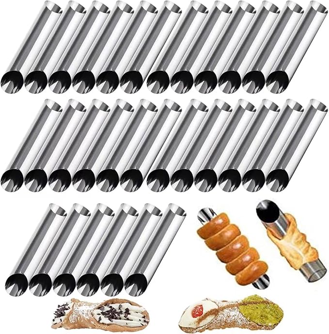 30 Pack Cannoli Horn Form Set, Large Stainless Steel Canolis Tubes Moulds Cannoli Kit for Baking Cannoli, Croissant Shell, Cream Roll Dessert, Safety Filled Edges