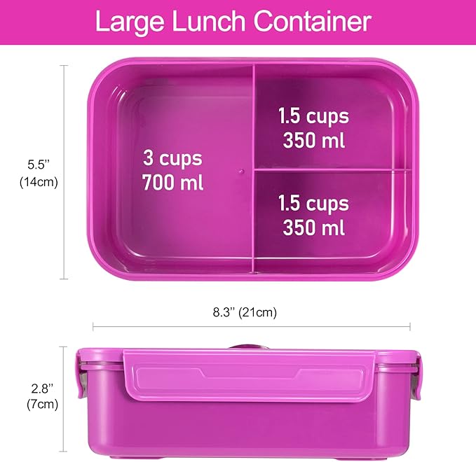 Caperci Classic Bento Lunch Box for Adult & Older Kids - Leakpoof 47 oz 3-Compartment Lunch Containers for Adults and Teens, Built-in Utensil Set, Ideal for On-the-Go, Purple