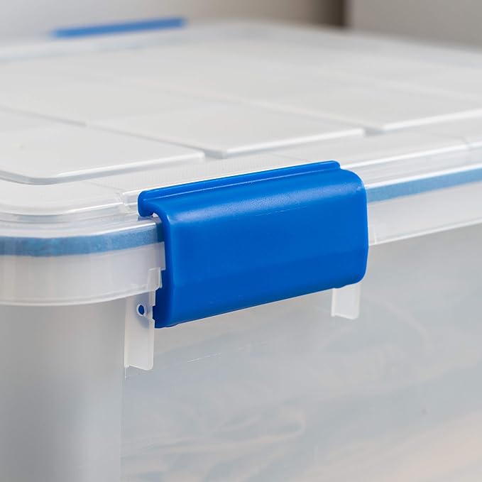 IRIS USA WeatherPro 27 & 44 Qt Storage Bins with Lids, 4 Pack, BPA-Free Plastic Gasket Box with Tight Latch and Seal, Stackable Nestable Tote Tub - Clear/Blue
