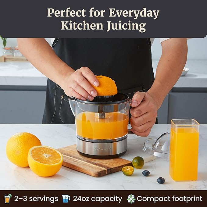 Elite Gourmet ETS623 BPA-Free 40-Watt Electric Citrus Juicer, Compact, Large Volume, Pulp Control, Oranges, Lemons, Limes, Grapefruits with Easy Pour Spout, 24oz, Black/Stainless Steel