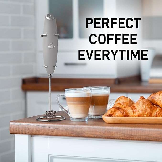 Zulay Kitchen Patented Tornado Triple Whisk Milk Frother with 4 Duracell Batteries – Handheld Foam Maker for Coffee, Lattes, Matcha & Hot Chocolate – Rich, Creamy Froth in Seconds - Steel Gray