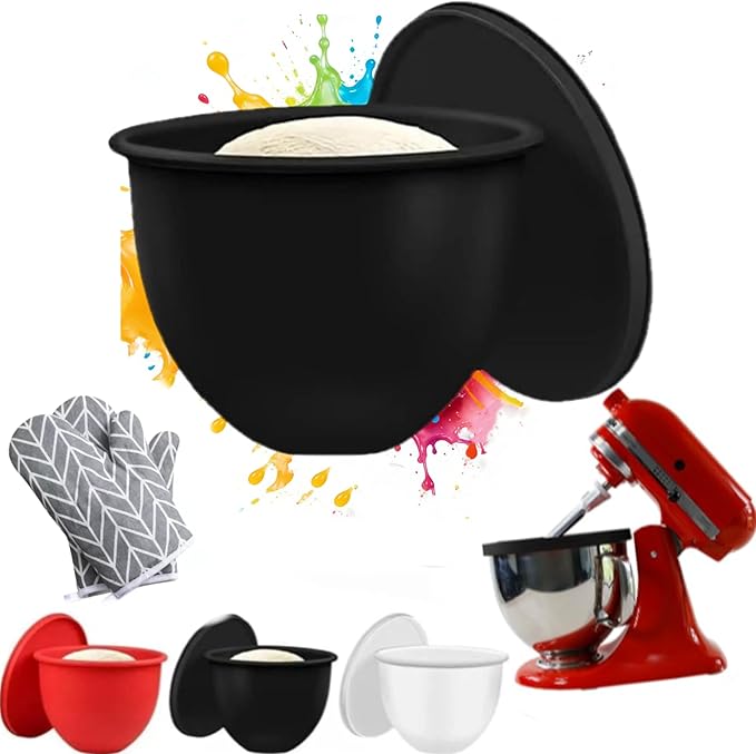 1PCS Silicone Bowl Liners with Lids,5Qt Tilt-Head Silicone Liners for Kitchenaid Stand Mixer,Odourless,Thicker, Cold/Heat-Resistant & Non-Stick, Easy Clean(Black)(with Oven mitts)