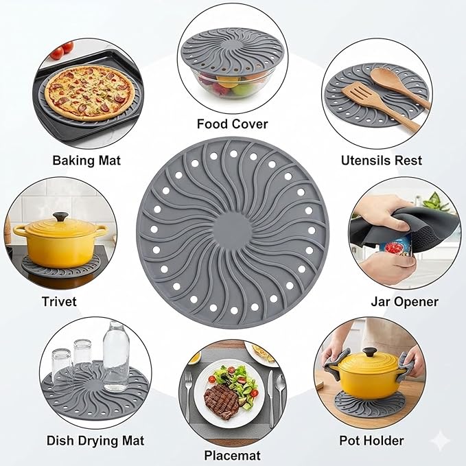 3 in 1 Microwave Splatter Glass Cover with Silicone Mat and Base Plate,BPA Free Collapsible Silicone Microwave Food Cover with Vent Hole and Anti-scald Silicone Handle,Dishwasher Safe (Small-Gray)