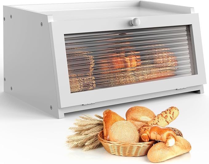 LOHASOK Bread Box for Kitchen Countertop Large Farmhouse Bread Container Bread Storage with Window Wooden Bread Holder White