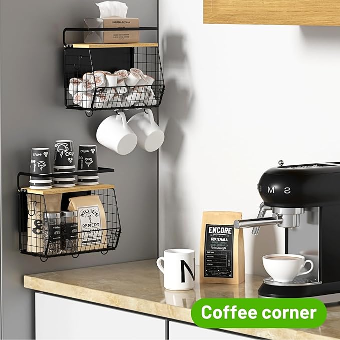 Magnetic Shelf for Fridge with Wood Lid, Fruit Potato and Onion Storage Bins, Pantry Organizers & Storage, Large Container Magnetic Spice Rack for Refrigerator, Kitchen Counter (Black, 2)