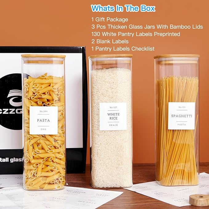 CZZGSM 3 Pack Square Kitchen Storage Jars with Airtight Bamboo Lids and 132 Pantry Labels - 80oz Glass Canisters with Wood Lids - Food Storage Containers for Spaghetti, Pasta, Fettuccine