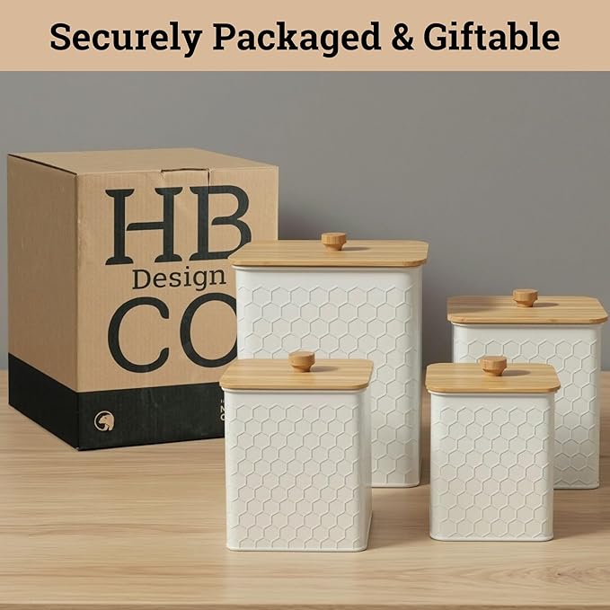 Kitchen Canisters for Countertop Set of 4 - Textured Iron Kitchen Canisters with Airtight Lids - Flour Sugar Canister Set - Flour and Sugar Containers Farmhouse - Coffee Jar for Counter - White Jar x4