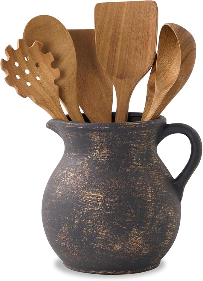 MIYUKI Rustic Kitchen Utensil Holder - 7.6 Inch Ceramic Utensil Crock for Countertop, Vintage Kitchen Counter Decor