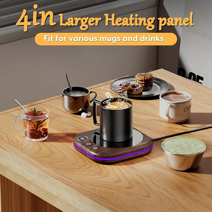 Mug Warmer Upgraded,Coffee Mug Warmer for Desk LEDs Light 3 Temp Settings (113-167°F) 1-12H Timer 4 H Auto Shut Off Beverage Cup Candle Warmer for Coffee Tea Milk(Wood Grain)