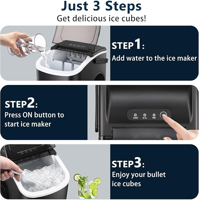 Countertop Ice Maker Machine, Portable Compact Small Bullet Ice Maker with Self Cleaning Function Makes 9 Cubes in 6 Minutes, Up to 26lbs in 24 Hours, Ideal for Camping Dorm Home Outdoor Use(Black)