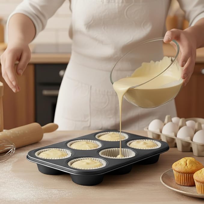 Jumbo Muffin Pan 6 Cup Cupcake Tin Nonstick, 2PCS Durable Large Baking Pan for Big Muffins & Cupcakes, Easy Clean Carbon Steel Giant Muffin Tin for Oven Use, Parties