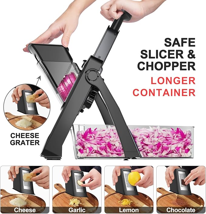 SupMaKin Upgrade Safe Mandoline Slicer,Multi Vegetable Chopper,Potato Slicer, Onion Chopper with Drain Basket Storage Container, Cheese Grater Kitchen Chopping Artifact (Black)
