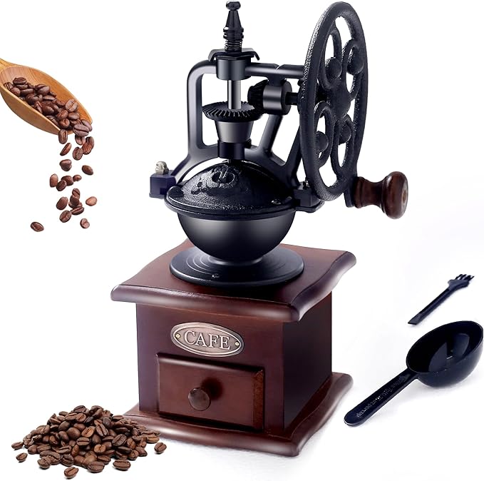 Manual Coffee Grinder Vintage Wooden Coffee Bean Grinder Hand Grinder Roller Antique Coffee Mill for Making Mesh Coffee Classic French Press for Decoration (Quadrilateral)