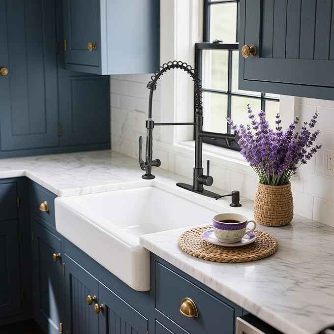 Fapully Commercial Pull Down Kitchen Sink Faucet with Sprayer Matte Black Single Handle Faucets for Kitchen Sink, Kitchen Faucet with Soap Dispenser and Deck Plack for 4 Hole