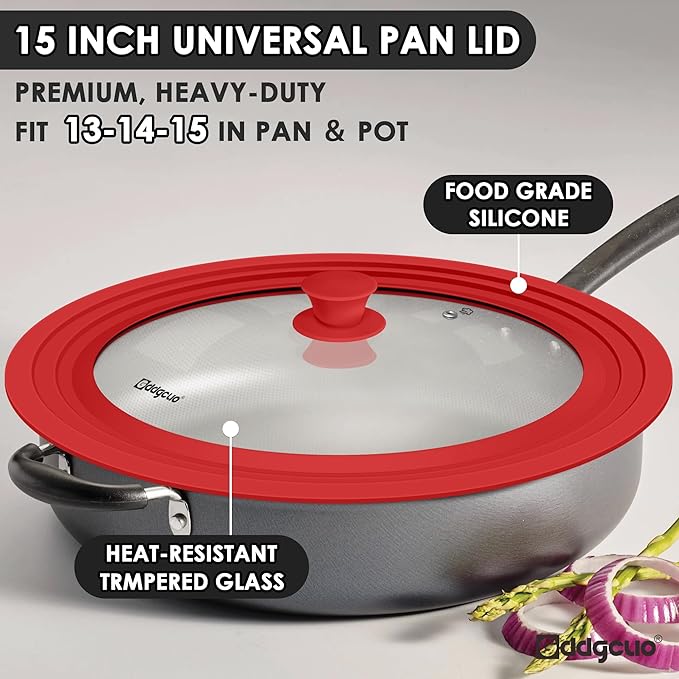 13-14-15 in Universal Pan Lid, Extra Large Silicone Pot Lid for Pots, Pans & Skillets, Replacement Frying Pan Lid with Heat Resistant Silicone Knob, Dishwasher Safe, Red