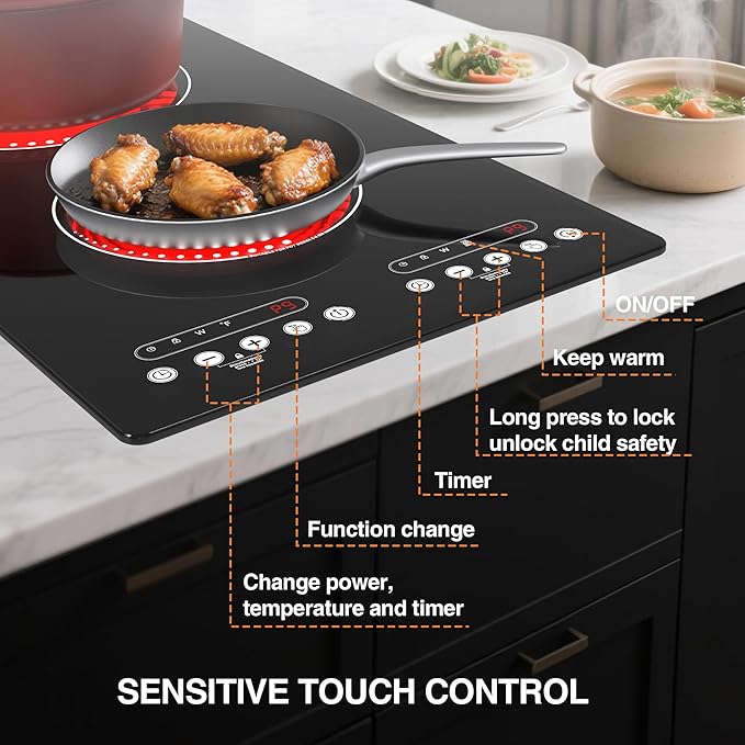 Electric Cooktop 2 Burner: 12 Inch Built-in Electric Stove Top with Dual Heating Rings, Child Lock & Keep-Warm – Portable Countertop Burner for Kitchen, RV, Apartment, All Cookware Compatible