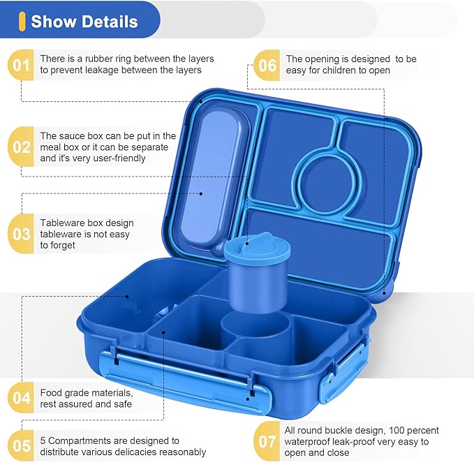 Amathley Bento Box Adult Lunch Box Kids,Lunch Containers for Adults/Kids/Toddler,5 Compartments Bento Lunch Box with Sauce Vontainers,Microwave & Dishwasher & Freezer Safe,BPA-Free (Navy)