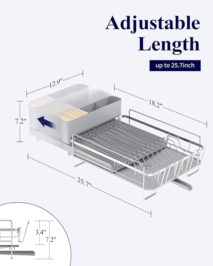 Kitsure Extendable Dish Drying Rack, Large Drying Dish Rack with Cutlery & Cup Holders, Multifunctional Dish Racks for Counter with Drainage, 18.2"-25.7" L x 12.9" W, Sliver