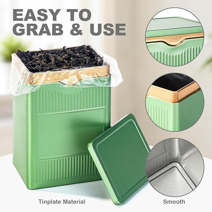 Tea Tin, Premium Tight Sealing Metal Canister with Press On Lid, Storage Tin for Loose Leaf, Tea Bags, Coffee Beans & Spices, Ideal for Kitchen Countertop & Pantry, Green Square Tinplate Can