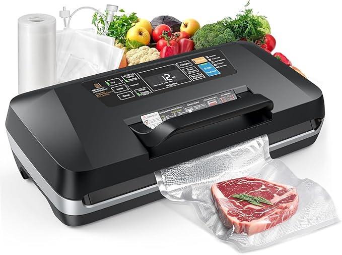 95kpa Vacuum Sealer, Commercial Fully Automatic Food Sealer, Powerful Sealing System, Double Heat Seal, Built-in Cutter and Bag Storage, 1 Roll Bag and 10 Precut Bags