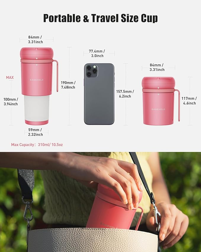 EASEHOLD Portable Blender for Smoothies, Magnetic Rechargeable Personal Blender with Ultra Sharp 4 Blades, Foldable Travel Juicer Cup, BPA-Free 10.5oz To-Go Mixer for Shakes, Gym, Office