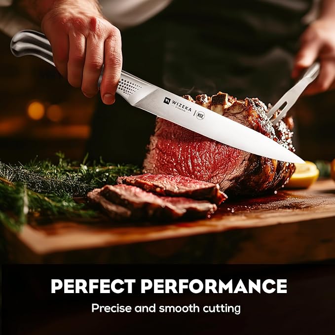 WIZEKA 8-inch Turkey Carving Knife Set 2 PCS,Stainless Steel Carving Knife and Fork Set,Extremely Sharp and Pointed Carving Sets for Meat with Gift Box