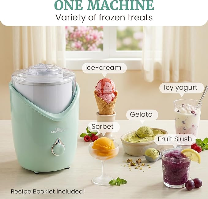 Elite Gourmet EIM263M 2Qt Automatic Ice Cream Maker, Electric Homemade Ice Cream, Gelato, Frozen Yogurt & Sorbet Machine with Double-Insulated Freezer Bowl, One-Touch Operation, Includes Recipe Book