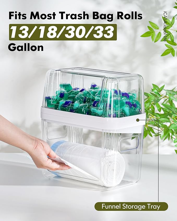 Trash Bag Dispenser Dishwasher Pod Organizer, 3 in 1 Grocery Garbage Bags Holder Storage Box Clear Laundry Room Pods Dishwasher Tab Cleaner Tablets Container Pantry Kitchen Under Sink Organizers