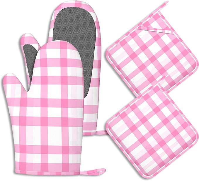 Buffalo Check Plaid Oven Mitts and Pot Holders Pink Checkered Silicone Kitchen Accessories Set of 4 Heat Resistant Non-Slip Long Gloves Potholder for Chef Cooking Baking Gifts Women Men