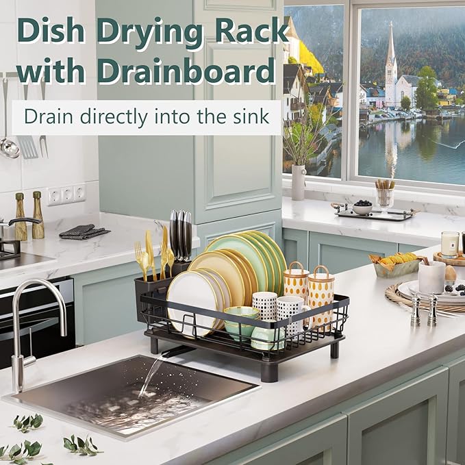 AIDERLY Iron Dish Drying Rack with Drainboard Dish Drainers for Kitchen Counter Extendable Spout Strainers with Utensil Holder and Knife Slots, Black