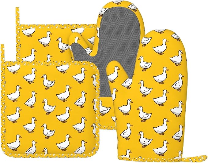 Oven Mitts and Pot Holders Set, Yellow Duck Pattern Silicone Kitchen Accessories 4 Piece Heat Resistant Long Gloves Potholder Non-Slip Grip for Chef Cooking Baking Grilling BBQ