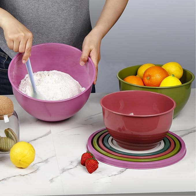 Greentainer Plastic Mixing Bowls with Lids Set for Kitchen, 5 Set Nesting Bowls for Mixing, Baking, Prepping, Cooking and Serving Food, Mixing Bowls Dishwasher, Microwave Safe
