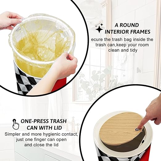 Trash Can with Lid Checkered Flag Press Top Round Small Garbage Bin with Wooden Legs Waste Basket for Kitchen Bedroom Nursery 7L/1.8 Gallon