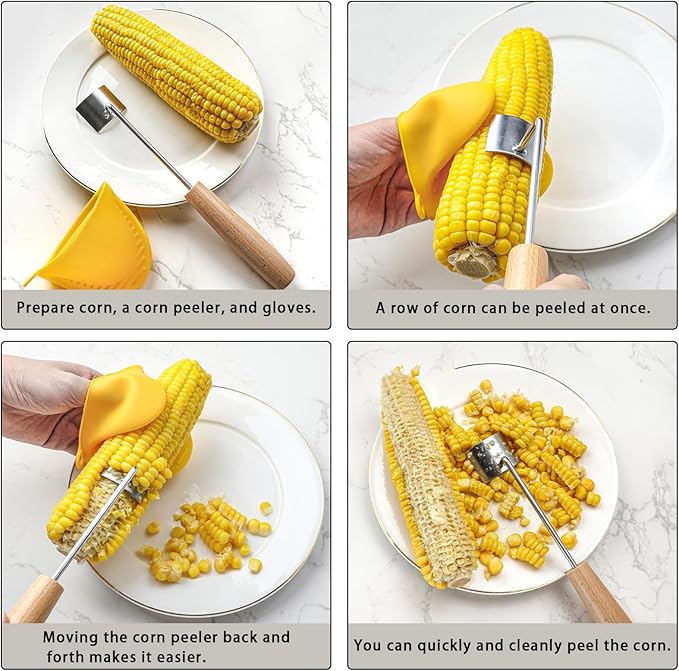 Corn Peeler for Corn on The Cob Corn Cutter Peeling Tool with Gloves (4 Stainless Steel Peelers, 2 Yellow Gloves)