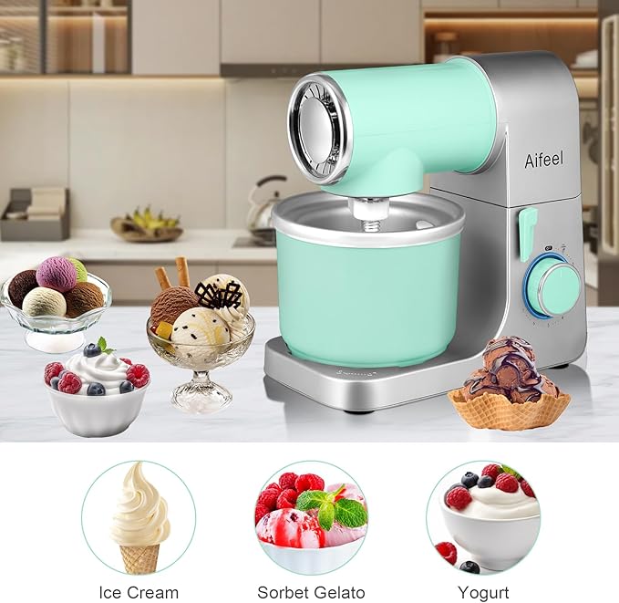 Aifeel Stand Mixer, 6.5QT Mixer with Ice Cream Maker Attachments, Kitchen Electric Mixer Multifunctional Bread Dough Mixer with Dough Hook,Whisk & Beater, Food Mixer for Baking (Green-Silver)