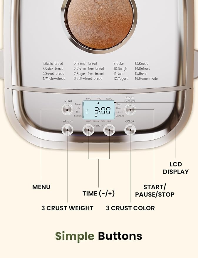 SUMSATY Bread Maker, 2.2LB 16-in-1 Bread Machine, Automatic Bread Maker Machine with Nonstick Pan & 15H Timer & 1H Keep Warm for Beginner, Breadmaker with Gluten-Free, French, Yogurt, Recipe