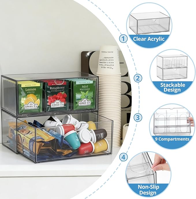 CLUQMEIK 2 Acrylic Tea and Coffee Organizer, 9 Grids Tea Bag Organizer Box and 1 Compartment Coffee Pod Storage Box, Acrylic Drawers Stackable Design Suitable for Storing Pods Creamers Sugar Packets