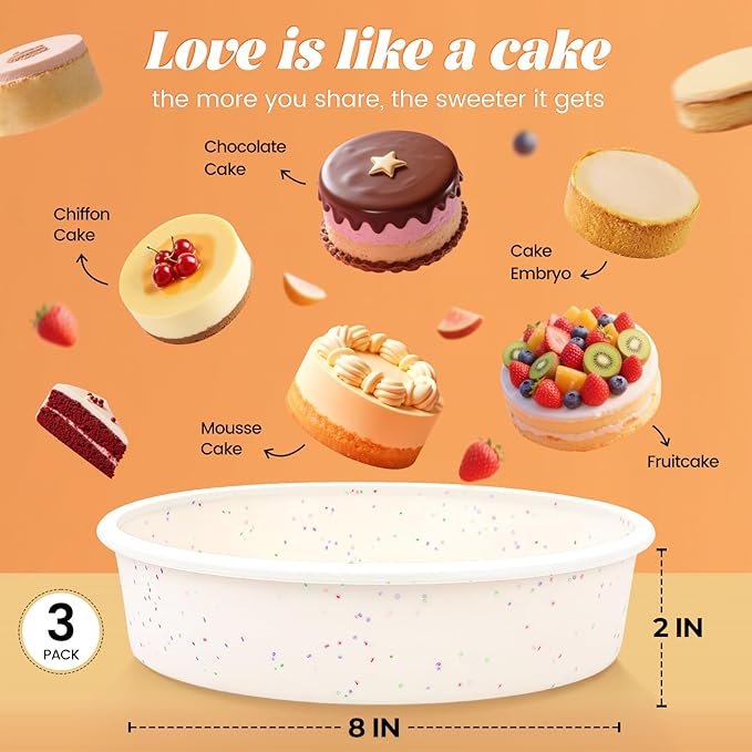 SJ 8 Inch Silicone Round Cake Pan with Metal Reinforced Frame Set of 3, Nonstick Silicone Cake Mold for Baking Suitable for Making Layers, Cheese & Chocolate Cakes