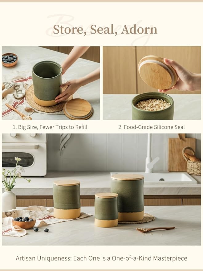 Besmeety Canisters Sets for the Kitchen, 74 oz Flour Sugar Storage Containers, Ceramic Kitchen Canisters for Countertop with Airtight Lids