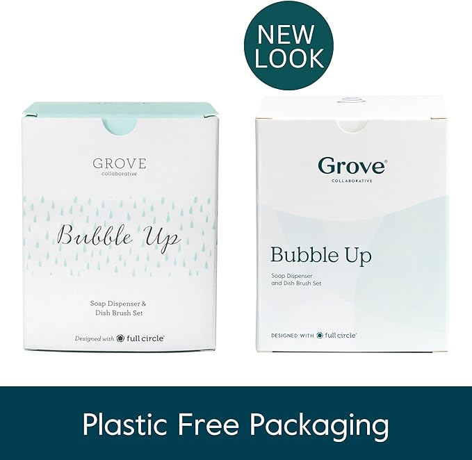 Grove Co. Bubble-Up Dish Soap Dispenser & 2 Pack Brush Set, Ergonomically Designed Dish Scrubber, Removes Tough Messes, Gentle on Dishes, Sustainable Solution to The World's Waste