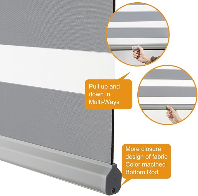 Persilux Cordless Zebra Blinds for Windows, Roller Shades for Windows (35.5" W x 72" H, Grey) Dual Layer Fabric for Day and Night,Room Darkening Shades for Home, Office, Bedroom and Living Room