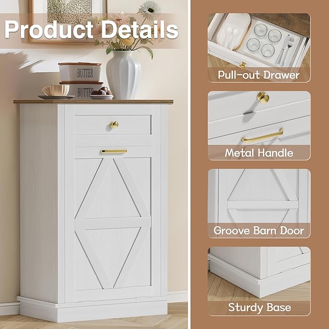 JUMMICO Tilt-Out Trash Can Cabinet, 10 Gallon Laundry Hamper Cabinets with Drawers, for Kitchen, Dining Room and Living Room (White, 1 Piece)