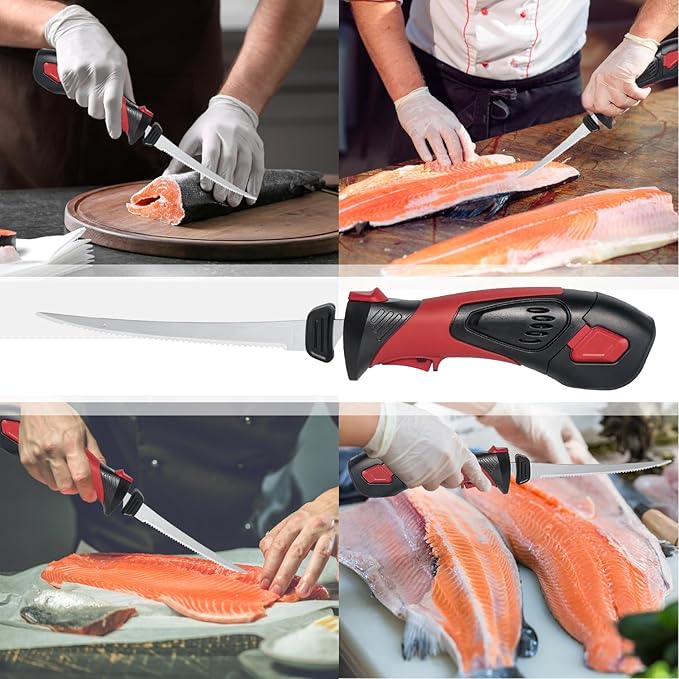 Cordless Electric Fillet Knife - 8-Inch Serrated Stainless Steel Blades with Non-Stick Coating, Ergonomic Non-Slip Handle, Cooling Vent, and Portable Carry Bag – Rechargeable Electric Knife for Effortless Fishing Filleting (8in-Blade Set)