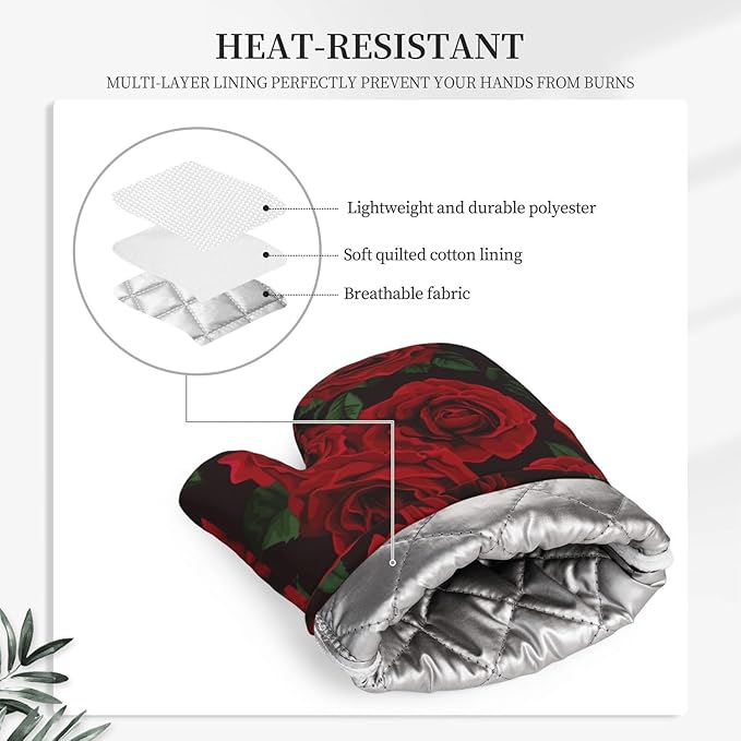 Red Black Rose Flower Oven Mitts and Pot Holders Sets of 4, Heat Resistant Silicone Oven Mittens and Potholders Gloves Hot Pads for Kitchen Cooking Baking Grilling BBQ Chef