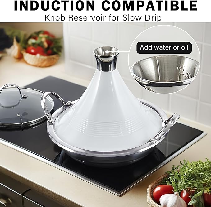 Cooks Standard Moroccan Tagine Pot 3.6 Qt, 11 Inch Multi-Ply Clad Stainless Steel Pan with Dual Handles, Clay Pot Alternative for Slow Cooking, with Conical Die-Cast Aluminum & Glass Lid, White