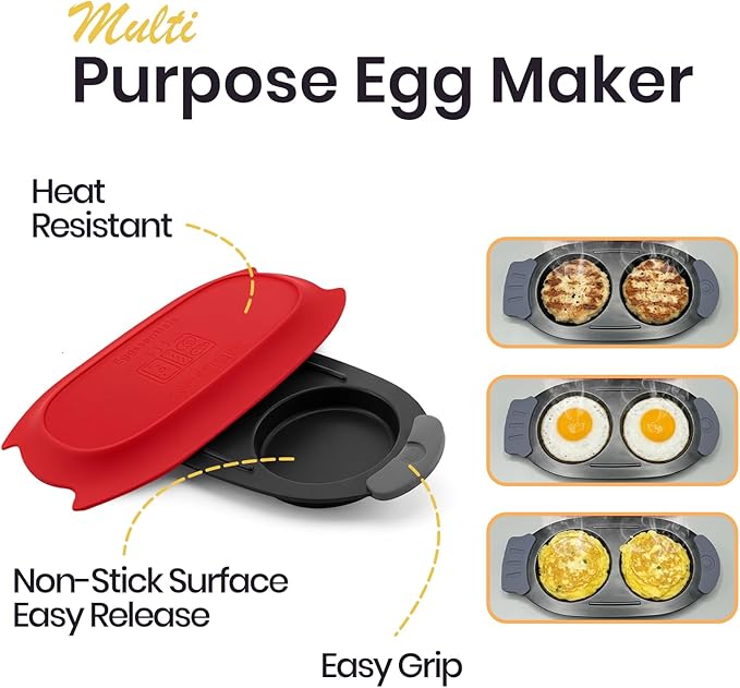 Eggssentials - Microwave Egg Cooker, Non-Stick Egg Fryer Pan with Silicone Lid, Egg Sandwich Maker and Omelette Maker for Quick Breakfast, Easy to Use and Clean, Red Color