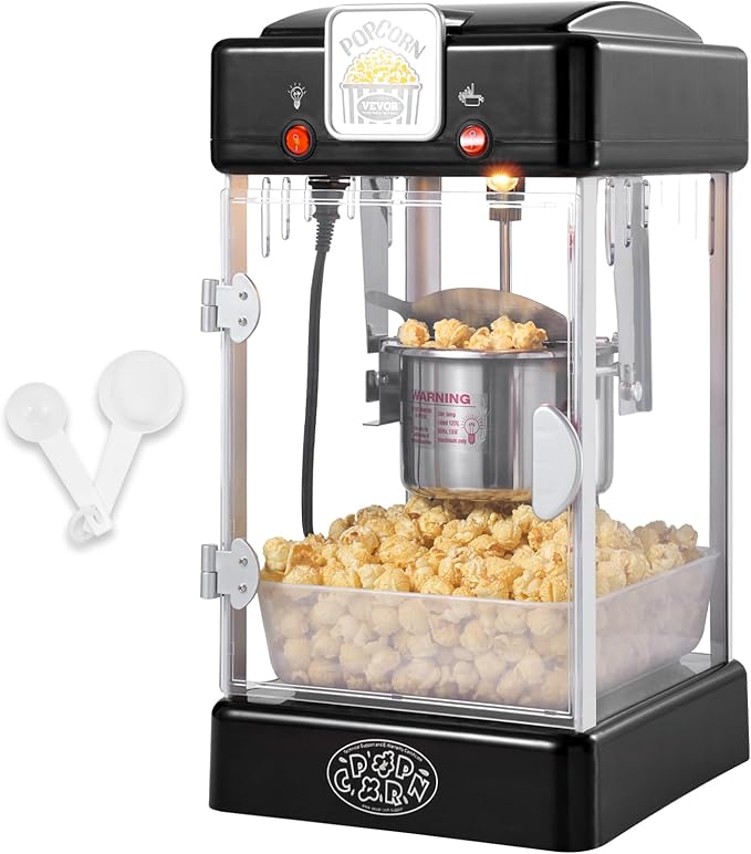 VEVOR Popcorn Maker, 300W Popcorn Popper Machine, 2.5 Oz Kettle Makes 4 QT per Batch, Tabletop Popcorn Maker with PP Door, Includes 2 Scoops and Tray, Movie Theater Style, Black