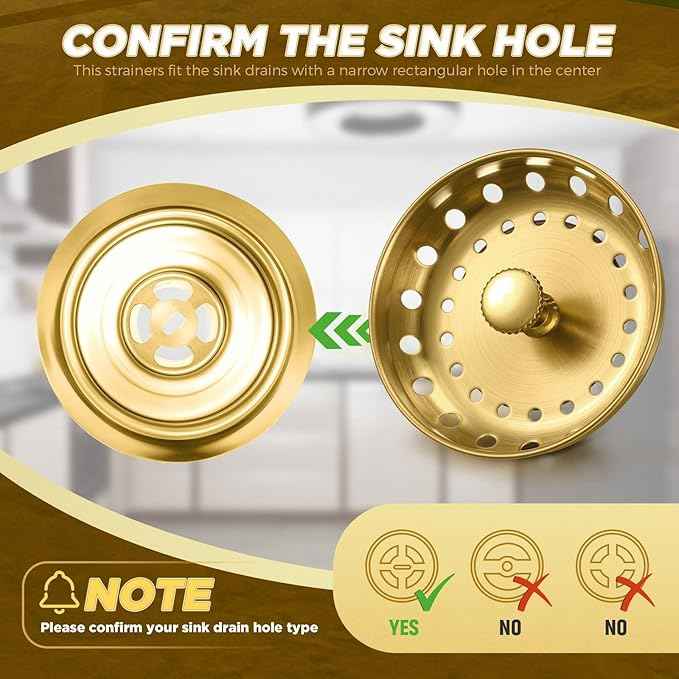 Mudder 3 Pcs Kitchen Sink Drain Strainer and Stopper Stainless Steel Garbage Disposal Plug with Handle Universal Anti-Clogging Kitchen Sink Filter Sieve Basket Strainer(Antique Gold)